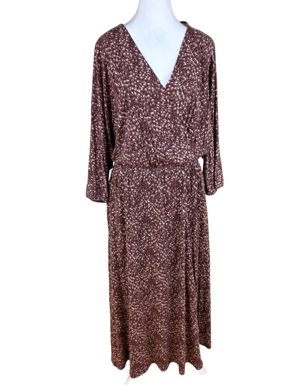 Garnet Hill Faux Wrap Dress Jersey Knit Maxi Abstract Brown Print Tencel (M)